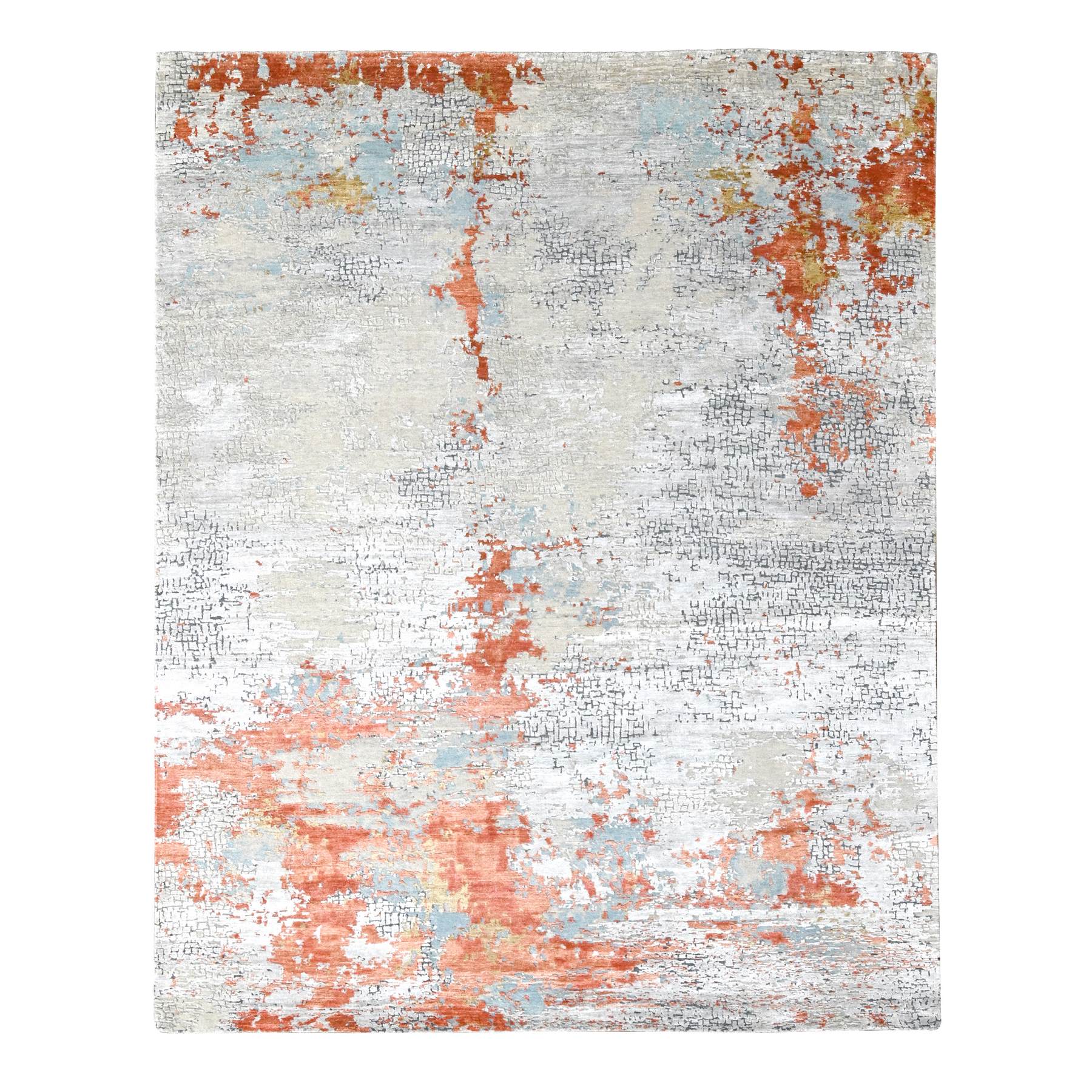 Dark Coral with Medium Gray, Abstract with Fire Mosaic Design, Densely Woven, Wool and Silk, Hand Knotted, Oriental Rug